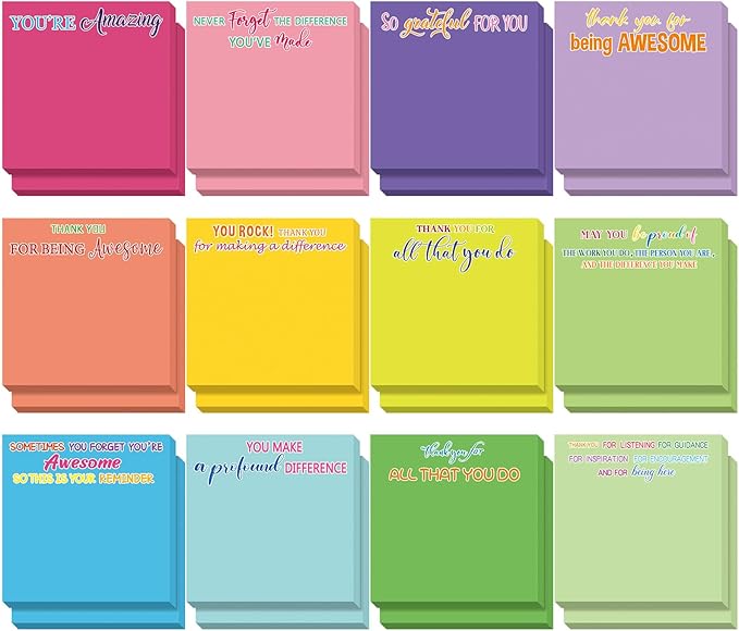 Yinder 12 Pcs Employee Appreciation Sticky Notes Xmas Gift Bulk Motivation Note Pads Mini Inspirational Note Gift for Teacher Nurse Staff Coworker Office Supply 3 x 3'' (Appreciation,Colorful)