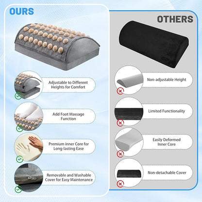 Foot Rest Under Desk at Work, Office Foot Tool Desk Accessories with Washable Cover, Home Spa Massage Wood Foot Acupressure Mat Top, Foam Footrest with 2 Adjustable Heights for Relax (Light Grey)