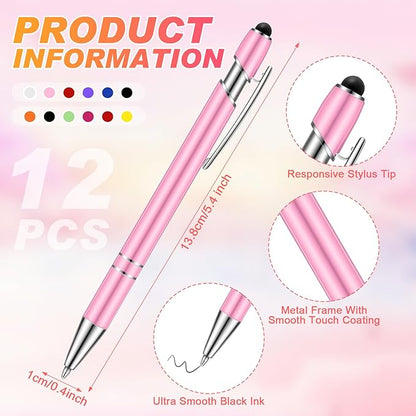 Tenare 12 Pieces 2 in 1 Stylus Metal Ballpoint Pen with Stylus Tip, 1.0 mm Black Ink Ballpoint Pen for Touch Screens(Assorted Color)