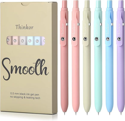 thinkor Gel Pens, 6 Pcs 0.5mm Quick Dry Black Ink Pens Fine Point Smooth Writing Pens, Cute Office School Supplies Gifts for Women (6 Pcs Boho -Black Ink)