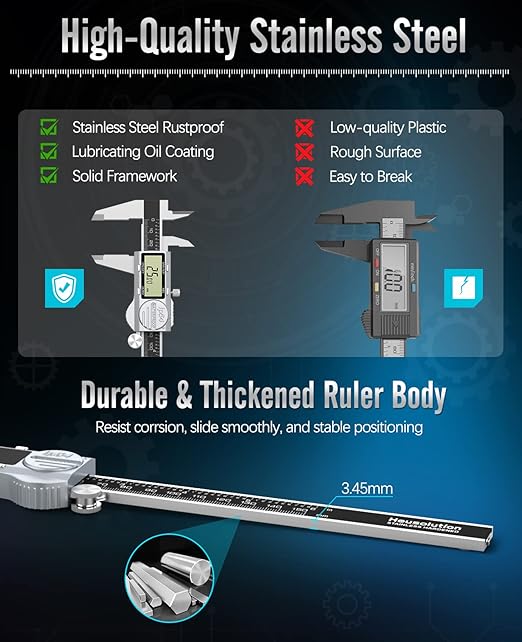 Housolution Digital Caliper 6 Inch, (ABS) Absolute Scale Caliper, IP54 Caliper Measuring Tool, Inch/MM/Fraction, Auto-Off LCD Stainless Steel Waterproof Micrometer Vernier Caliper, with Feeler Gauges