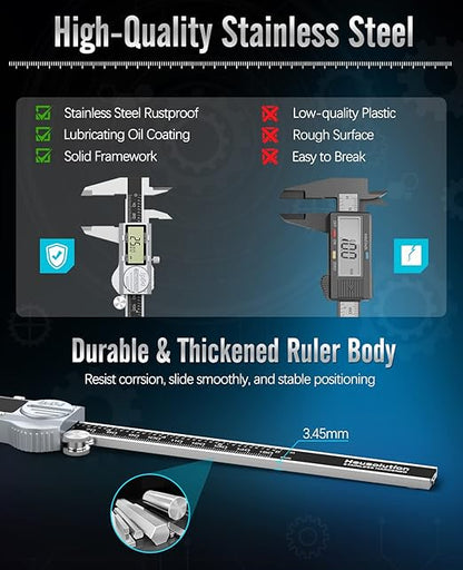 Housolution Digital Caliper 6 Inch, (ABS) Absolute Scale Caliper, IP54 Caliper Measuring Tool, Inch/MM/Fraction, Auto-Off LCD Stainless Steel Waterproof Micrometer Vernier Caliper, with Feeler Gauges