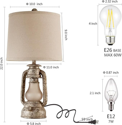 RORIANO Farmhouse Rustic Table Lamps for Living Room Set of 2, Vintage Lantern Table Lamp with Dual USB Ports, Retro Nightstand Lamp for Bedroom Bedside, 4 Bulbs Included (Iron Gray)