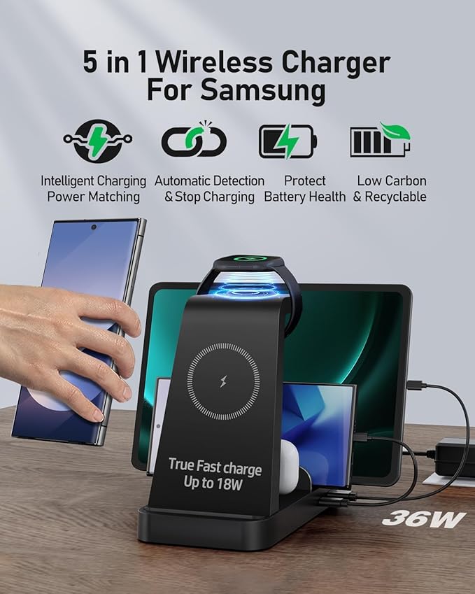 5 in 1 Samsung Charging Station, Android Wireless Charger for Samsung Galaxy S26 Ultra/S25/S24/S23/S22/S21, Chargers Stand for Galaxy Watch Ultra/7/6/5, Galaxy Buds 2/2 Pro, Black