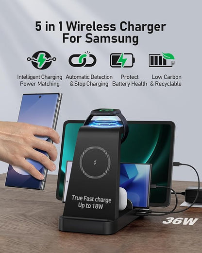 5 in 1 Samsung Charging Station, Android Wireless Charger for Samsung Galaxy S26 Ultra/S25/S24/S23/S22/S21, Chargers Stand for Galaxy Watch Ultra/7/6/5, Galaxy Buds 2/2 Pro, Black