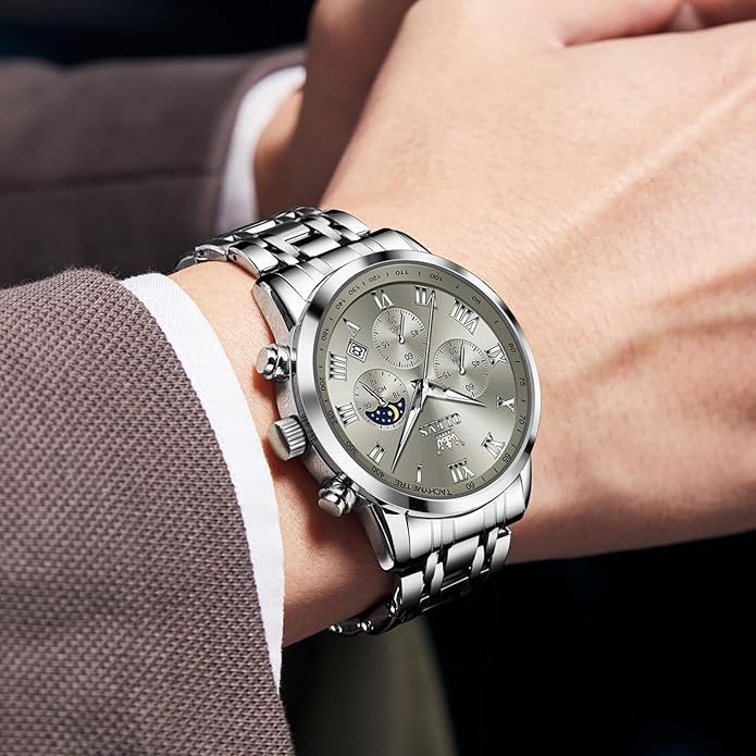 OLEVS Mens Stainless Steel Chronograph Watch, Big Face Roman Numerals Date Analog Quartz Dress Watches for Men, Fashion Multifunctional Waterproof Luminous Hands Men's Wristwatch
