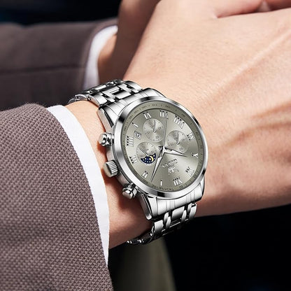 OLEVS Mens Stainless Steel Chronograph Watch, Big Face Roman Numerals Date Analog Quartz Dress Watches for Men, Fashion Multifunctional Waterproof Luminous Hands Men's Wristwatch