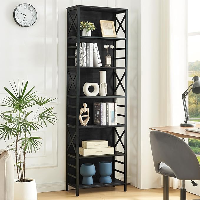 HOMBAZAAR 7 Tier Bookshelf, 78 Inch Tall Rustic Bookshelf with Metal Frame, Industrial Heavy Duty Bookshelves and Bookcases, Open Book Shelf for Office, Living Room and Library, Black