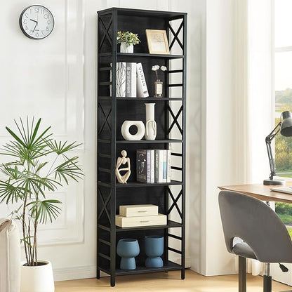 HOMBAZAAR 7 Tier Bookshelf, 78 Inch Tall Rustic Bookshelf with Metal Frame, Industrial Heavy Duty Bookshelves and Bookcases, Open Book Shelf for Office, Living Room and Library, Black