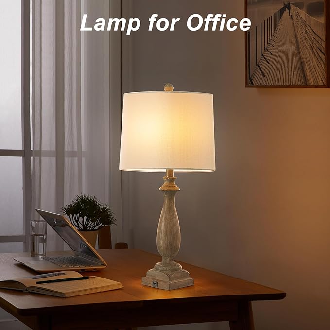 26'' Traditional Table Lamps Set of 2 with USB Charging Port, 3-Way Dimmable Rustic Farmhouse Resin Bedside Lamps for Bedroom, Vintage Nightstand Desk Lamp for Living Room &White Linen Shade