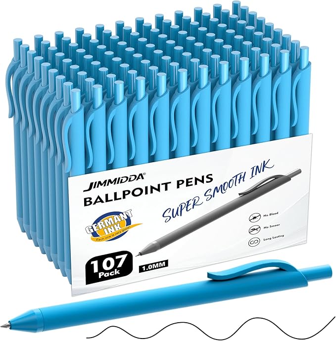 Ballpoint Pens Bulk - 107 Pcs Black Ink Pens in Bulk | 1.0 Medium Point Smooth Writing, Retractable No Bleed Ball Point Pen for Men Women (Blue Barrel)