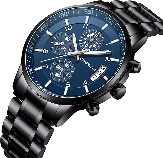 CRRJU Men's Fashion Stainless Steel Watches Date Waterproof Chronograph Wristwatches,Black Steel Band Waterproof Quartz Watch for Men