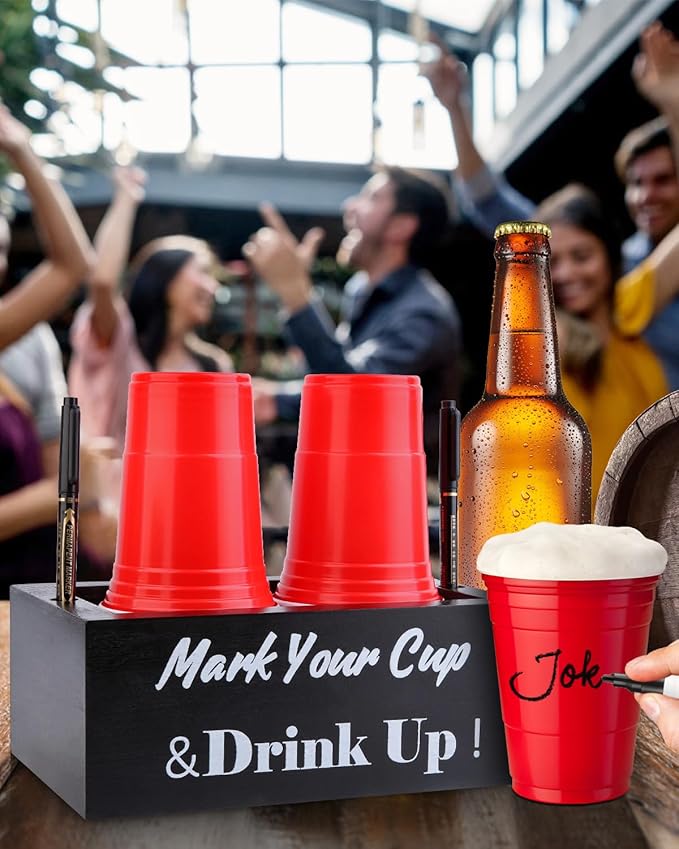 Wooden Cup Holder with Marker Slot, Disposable Cup Dispenser with Marker for Party, Family Gathering & Holiday Events