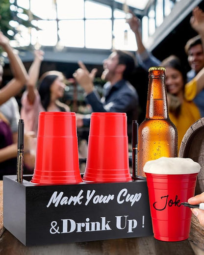 Wooden Cup Holder with Marker Slot, Disposable Cup Dispenser with Marker for Party, Family Gathering & Holiday Events