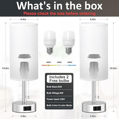 Fenmzee White Silver Bedside Table Lamps Set of 2-3 Color Temperatures Pull Chain Lamp with AC Outlet Charging Port, Two Round Night Stand Lamps for Bedroom, Small Bed Side Light with E26 LED Bulbs