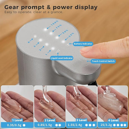 Automatic Liquid Soap Dispenser, 17oz/500ml Touchless Rechargeable with 4-Level Adjustable & IPX5 Waterproof - Level Display for Wall/Tabletop Use in Bathroom, Kitchen, Silver
