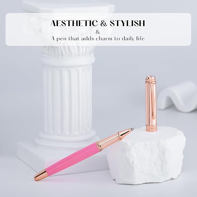 Luxury Rollerball Pen, With 8mm Brilliant diamond,Vibrant Pink Pen,Attractive Real Rose Gold Finish, Schmidt Black Refill,Glitter Fancy Pens Gifts for Women Wedding Bridesmaid Office,Nice pen