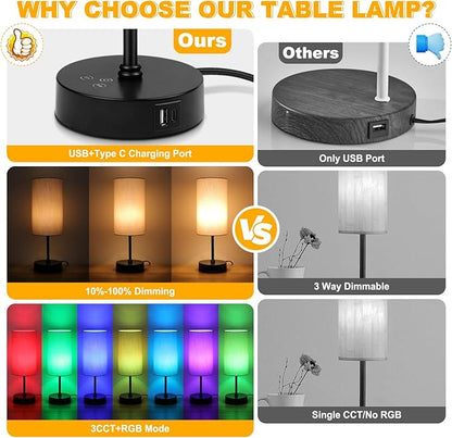 Unicozin 17Inch Table Lamp for Bedroom, Touch Control Bedside Lamp for Reading, 3 CCT & 7 RGB Color Changing, Dimmable Nightstand Lamp for Kids Room Living Room Office, Grey Shade