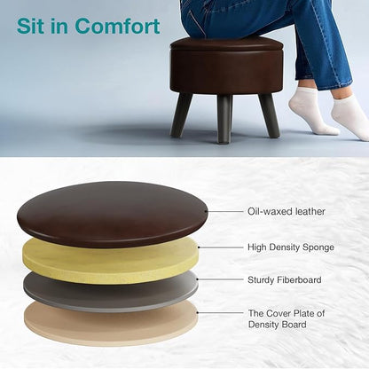 Small Foot Stool Ottoman with Storage, Faux Leather Ottoman Foot Rest for Couch, Round Footstool Ottomans for Living Room (Brown)