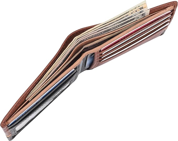 Genuine Leather Mens Bifold Wallet RFID Blocking 5 Credit Card Slots 1 ID Window 2 Sections for Bills 2 Additional Slots | Tan/Camel/Black