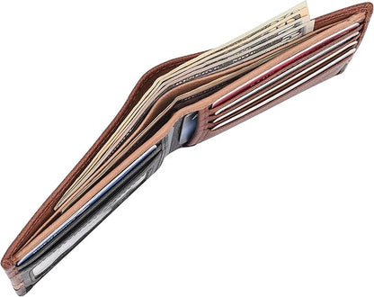 Genuine Leather Mens Bifold Wallet RFID Blocking 5 Credit Card Slots 1 ID Window 2 Sections for Bills 2 Additional Slots | Tan/Camel/Black