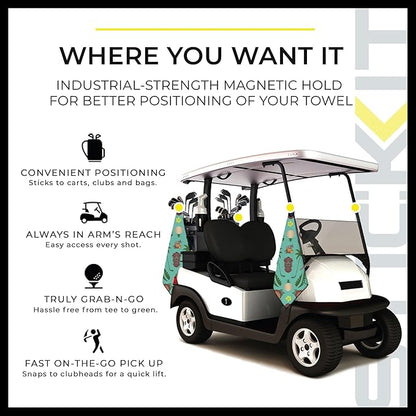 STICKIT Magnetic Golf Towel, Teal Tiki | Top-Tier Microfiber Golf Towel with Deep Waffle Pockets | Industrial Strength Magnet for Strong Hold to Golf Carts or Clubs