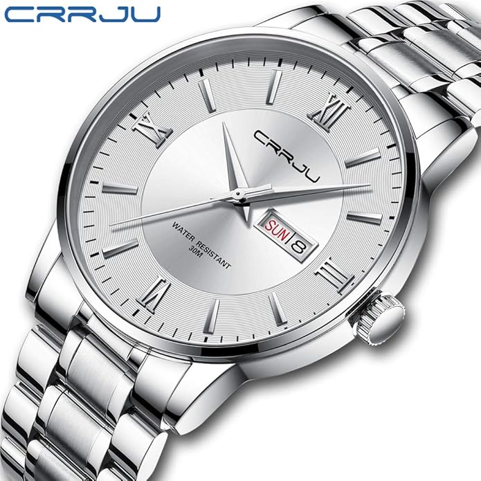 CRRJU Men's Fashion Luxury Stainless Steel Watches for Men Business Auto Date Chronograph Analog Quartz Wristwatches