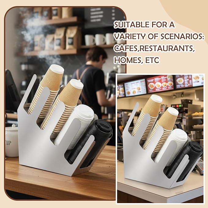 Frienda 4 Compartments Stainless Steel Cup and Lid Dispenser, Silver Coffee Cup Holder Organizer Storage for Countertop Org, Coffee Bar, Beverage Restaurant, Kitchen, Breakroom