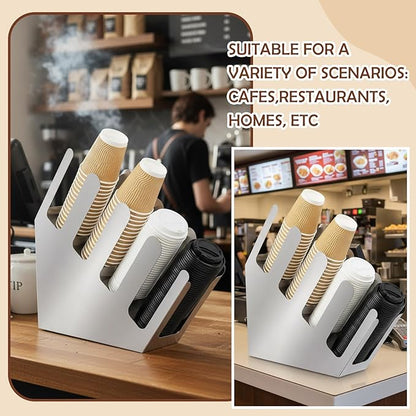 Frienda 4 Compartments Stainless Steel Cup and Lid Dispenser, Silver Coffee Cup Holder Organizer Storage for Countertop Org, Coffee Bar, Beverage Restaurant, Kitchen, Breakroom