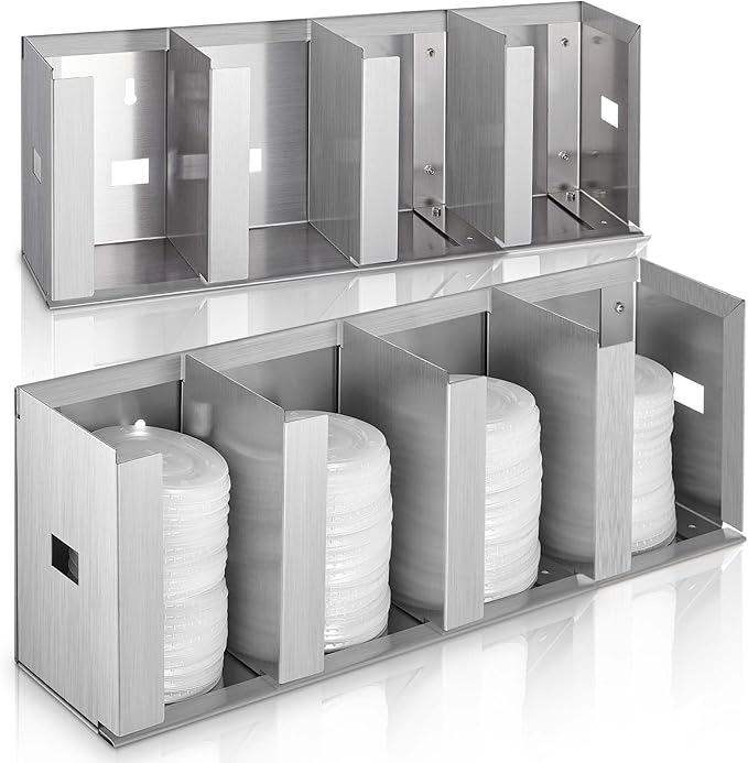 Hicarer 4 Compartments Stainless Steel Cup Dispenser with Adjustable Dividers Silver Cup and Lid Holder Lid Organizer Storage for Cabinet Kitchen Cafe Tea Shop Restaurant, Silver