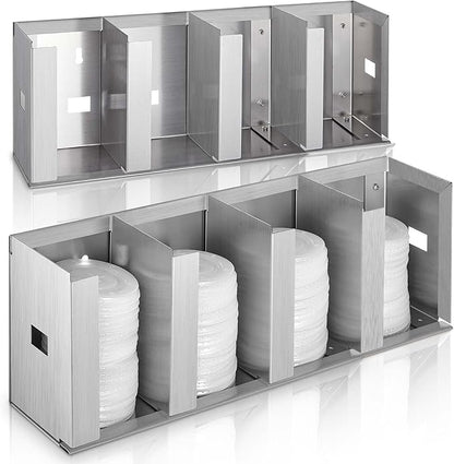 Hicarer 4 Compartments Stainless Steel Cup Dispenser with Adjustable Dividers Silver Cup and Lid Holder Lid Organizer Storage for Cabinet Kitchen Cafe Tea Shop Restaurant, Silver