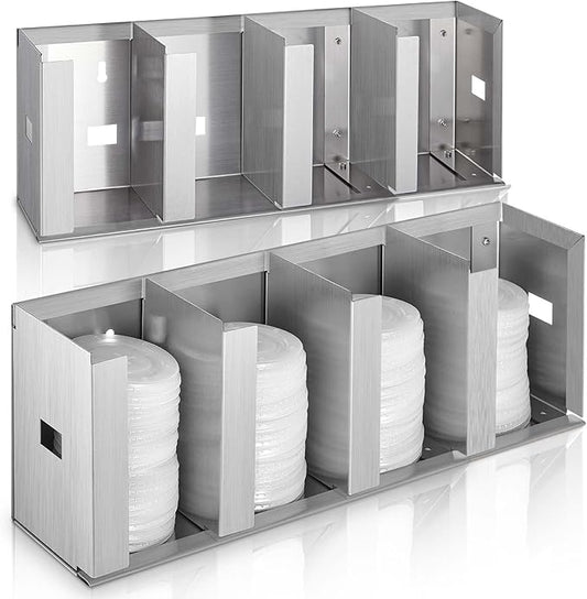 Hicarer 4 Compartments Stainless Steel Cup Dispenser with Adjustable Dividers Silver Cup and Lid Holder Lid Organizer Storage for Cabinet Kitchen Cafe Tea Shop Restaurant, Silver