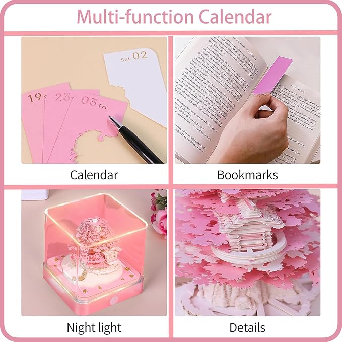 3D Calendar 2026 Time Piece Calendar 3D Memo Pad Tear Away Carving Art Notepad Paper Sculpture Artwork for Sticky Note Record DIY Christmas Gift Office Desktop Decoration-Pink Treehouse