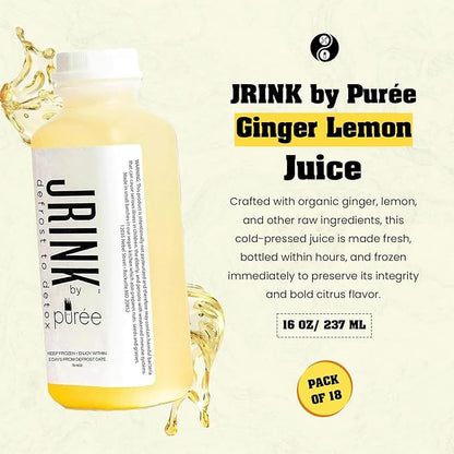 JRINK by Purée Ginger Lemon Juice, Cold Pressed Juice Cleanse with Organic Lemon Ginger, Detox Drink from Raw Fruit and Vegetable, No Preservatives, Healthy Cleanse, 16oz Bottles, 18 Pack