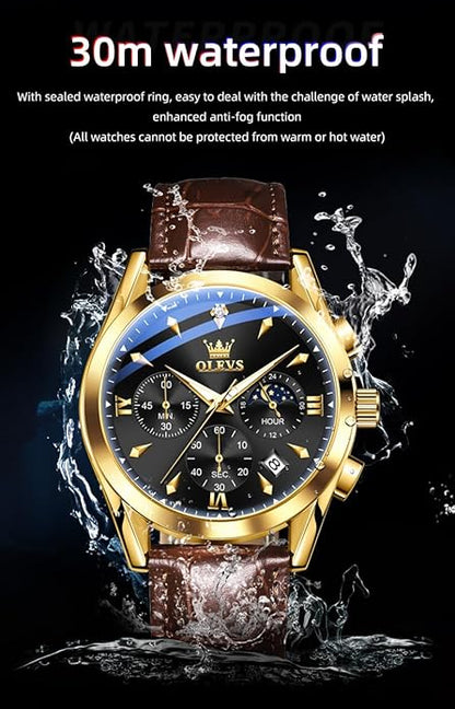 OLEVS Men's Leather Analog Quartz Watch - Luxury Chronograph Wristwatch With Date, Waterproof, Luminous - Dress Style