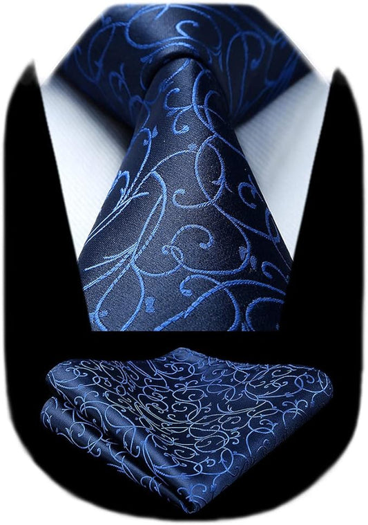 HISDERN Men Floral Ties Woven Classic 3.4" Necktie Set Formal Tie Pocket Square for Wedding with Handkerchief Gift Box
