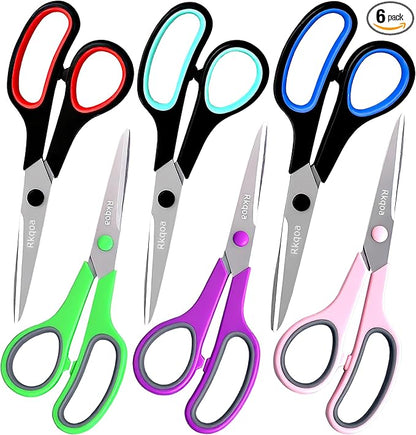 Scissors Set of 6-Pack, Rkqoa 8" All Purpose Scissors Bulk - Thick Sharp Shears for Office School Sewing Craft Fabric Supplies, Classroom Must have, Teacher/Class Scissor, Right/Left Handles