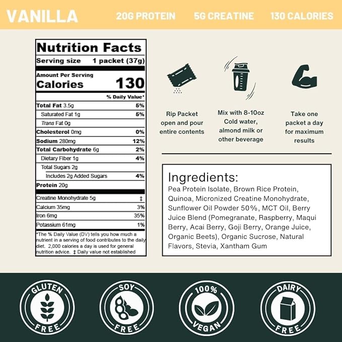 Nutrition On The Go Vegan Protein Powder Packets with Creatine – 20g Plant Proteins + 5g Creatine – Single-Serve Travel Protein Powder – All-Natural, Gluten-Free – Vanilla – (30-Pack)
