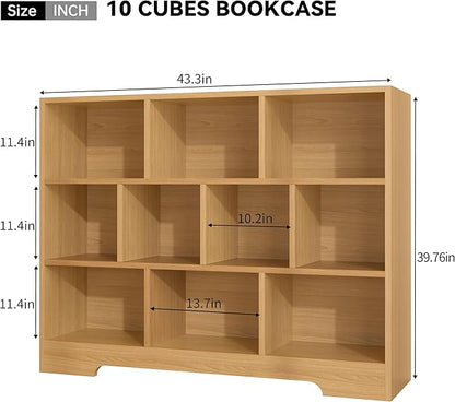 Book Shelf Set of 2, 10 Cubes Storage Organizer, 3-Tier Open Bookshelf Wooden Bookcase, Freestanding Log Bookshelf Cube Shelf for Bedroom, Living Room, Home Office