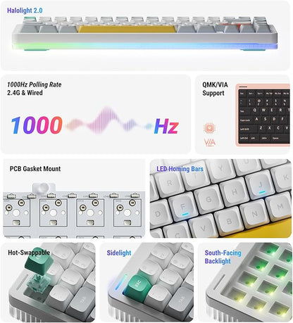 nuphy Halo75 V2 Mechancial Gaming Kyeboard,75% Wireless Hot Swappable Bluetooth Keyboard,83 Kyes RGB Backlit Keyboard,Support Bluetooth/2.4GHz/USB-C (White, Lemon (55gf))