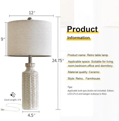 24.75'' Farmhouse Ceramic Table Lamp Set of 2 for Bedroom Living Room Vintage Traditional Rustic Modern White Nightstand Bedside Lamps