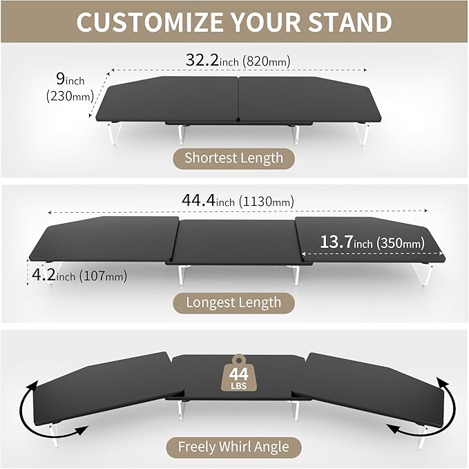 LED Dual Monitor Stand Riser for 2 Monitors, Office Desktop Wooden Stand Adjustable Length and Angle 3 Shelf, Extra Long Multifunctional Stand up to 44.4" for Computer, Laptop, TV, Black