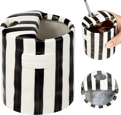 Novelty Ceramic Coffee Mug Designed to Look Like a Gift Box, 10oz Retro Hand-Painted Ceramic Travel Mug, Brown & White Striped, Microwave & Dishwasher Safe, Perfect Present for Coffee Lovers (Black)
