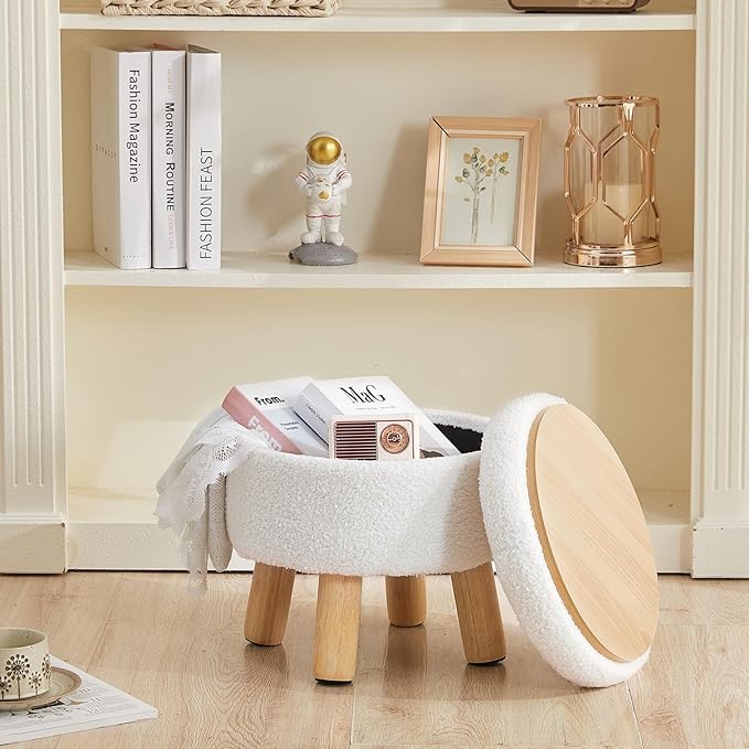 Small Foot Stool Ottoman with Storage, Sherpa Ottoman Foot Rest for Couch, Round Footstool with Storage, Small Ottomans and Footstools for Living Room and Entryway (White)