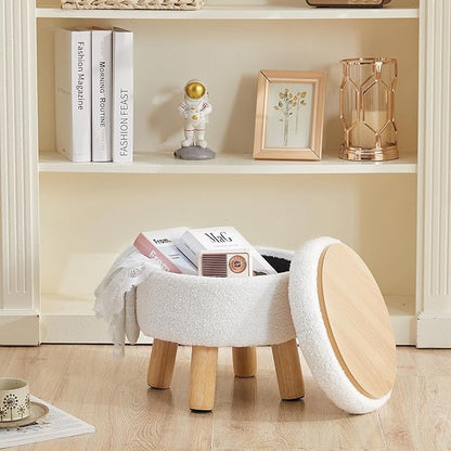Small Foot Stool Ottoman with Storage, Sherpa Ottoman Foot Rest for Couch, Round Footstool with Storage, Small Ottomans and Footstools for Living Room and Entryway (White)