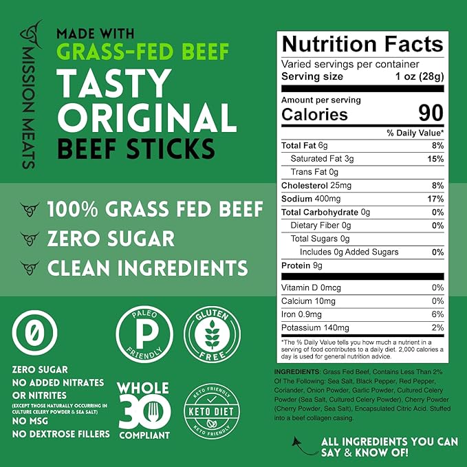 Mission Meats Beef Sticks – 100% Grass Fed Beef, Zero Sugar, Healthy Snacks, Individually Wrapped, Gluten Free, Non-GMO, Original 1oz (Pack of 24)