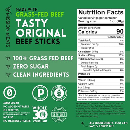 Mission Meats Beef Sticks – 100% Grass Fed Beef, Zero Sugar, Healthy Snacks, Individually Wrapped, Gluten Free, Non-GMO, Original 1oz (Pack of 24)