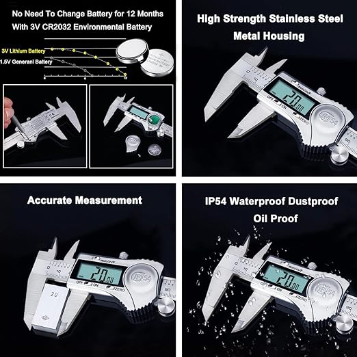 Kynup Digital Caliper, Caliper Measuring Tool Outside Micrometer, Vernier Dial Caliper Stainless Steel, IP54 Splash Proof Protection, Inch Metric Fraction Conversion, Large LCD Screen (6Inch/150mm)