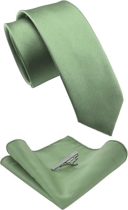 JEMYGINS 2.4" Solid Color Skinny Tie and Pocket Square with Tie Clip Sets for Men (6cm)