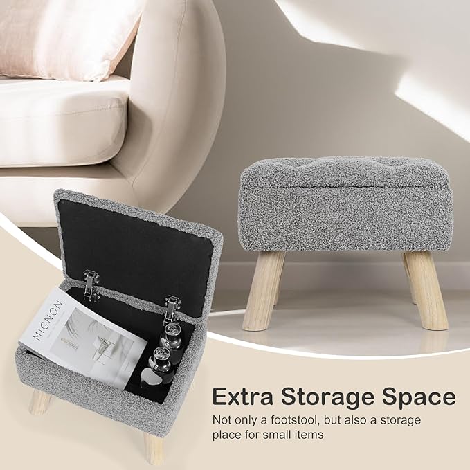 Storage Ottoman, Small Storage Ottoman Foot Stool with Wood Legs, Teddy Velvet Rectangular Foot Rest for Chair, Soft Sponge White Footstool for Living Room, Couch, Bedroom, Dorm (Grizzly)